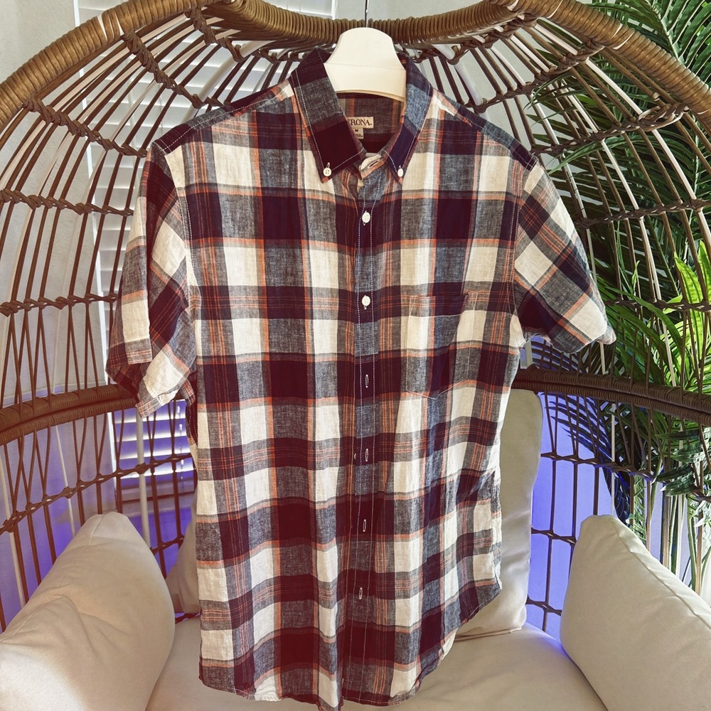 Blue and white check button up short sleeve Medium